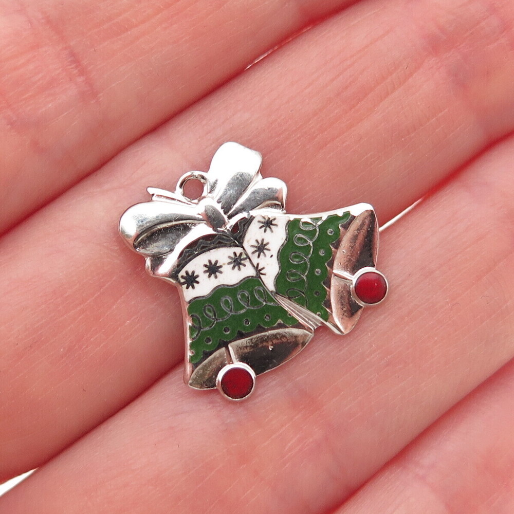 BEAU 925 Sterling Silver Vintage Enamel Christmas Bell Mini Charm Pendant